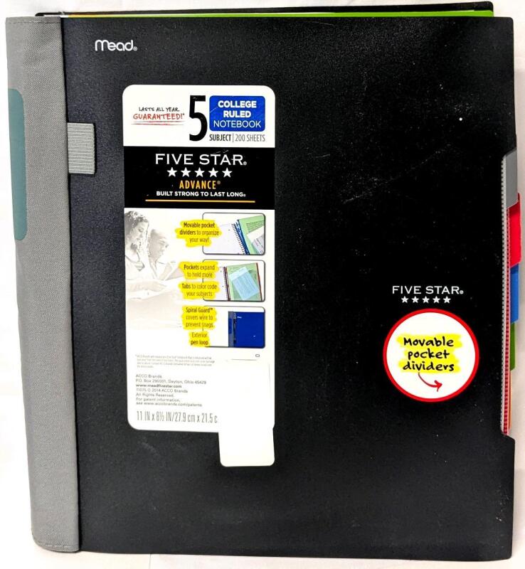 New Mead FIVE STAR Advance College Ruled 5 Subject Notebook, 200 Sheets, 11" &times; 8.5", Movable Pocket Dividers. Expandable Pockets, Spiral Guard