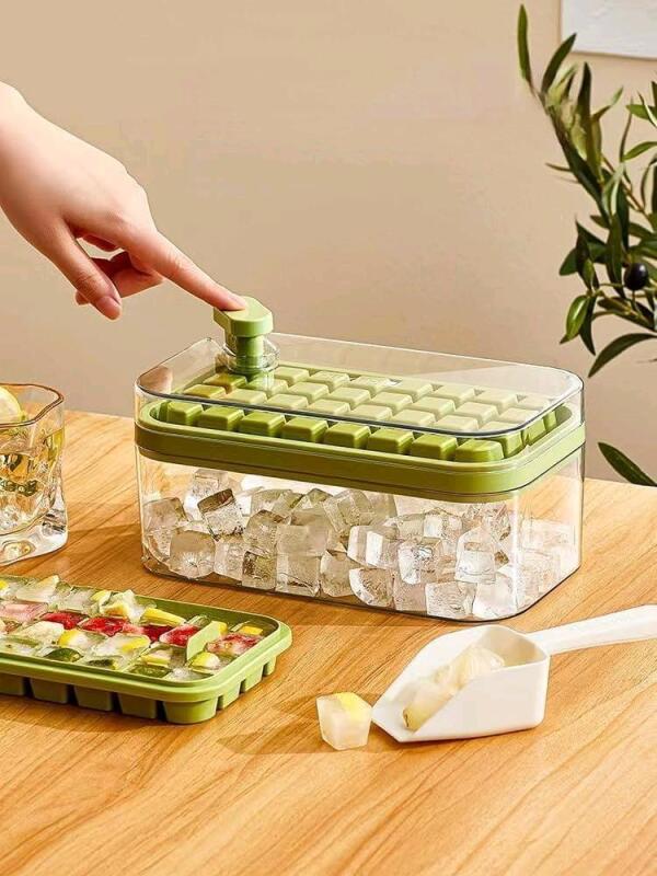 New ICE LATTICE Ice Cube Tray for Freezer with Lid and Bin, 64 Ice Cubes, 2 Trays, Container, Lid With Easy Ice Removal Button & Ice Scoop (Green)