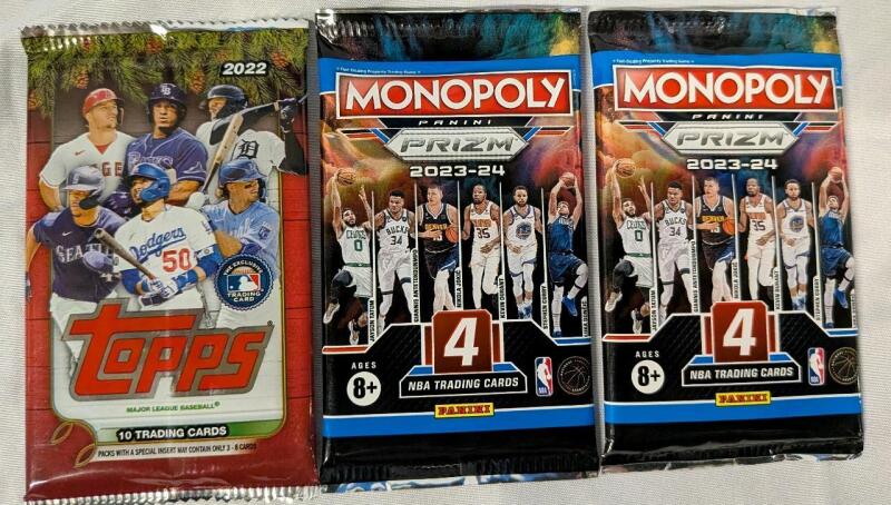 New Sports Card Lot. 2 Packs of Panini Monopoly Prizm 2023-2024 NBA Cards and 1 Pack of Tops 2022 MLB Cards