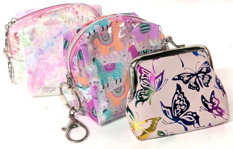 3 New Coin Purses : 2&times; Clear Zippered Graphic Keychain Pouches (Llama & Watercolor Pastels) & Metallic Butterfly Coin Purse, Up To 3.5" Tall
