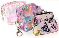 3 New Coin Purses : 2&times; Clear Zippered Graphic Keychain Pouches (Llama & Watercolor Pastels) & Metallic Butterfly Coin Purse, Up To 3.5" Tall