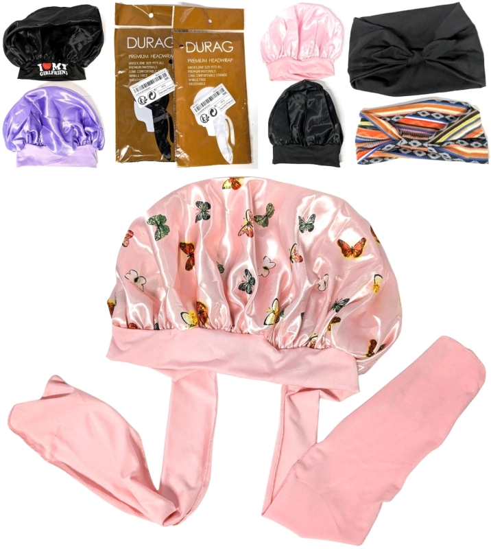 3 New Adult Satin Hair Bonnets, 2 Satin Bonnets for Kids/Teens, 2 Hair Bands & 2 Durags