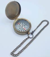 New Antique Finish Brass Pocket Watch Style Compass w/Chain . Compass measures 1 &sup1;&sup3;/&sup1;⁶" diameter