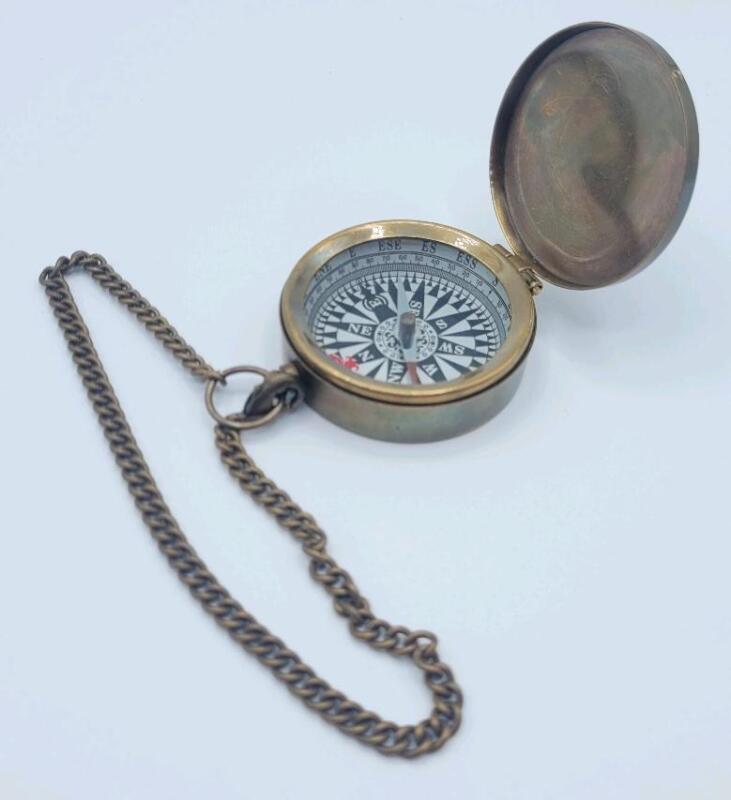 New Antique Finish Brass Pocket Watch Style Compass w/Chain . Compass measures 1 &sup1;&sup3;/&sup1;⁶" diameter