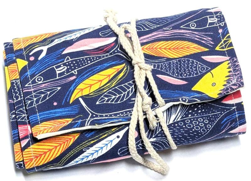 New Fish Print Canvas Fabric Pencil / Pens / Paintbrush Roll Wrap, Traditional Pencil Case Storage & Organization, Holds Up To 72&times; 7" Long Instruments, 7.75" Total Width &times; 31.25" Long (Excluding Braided Ties)