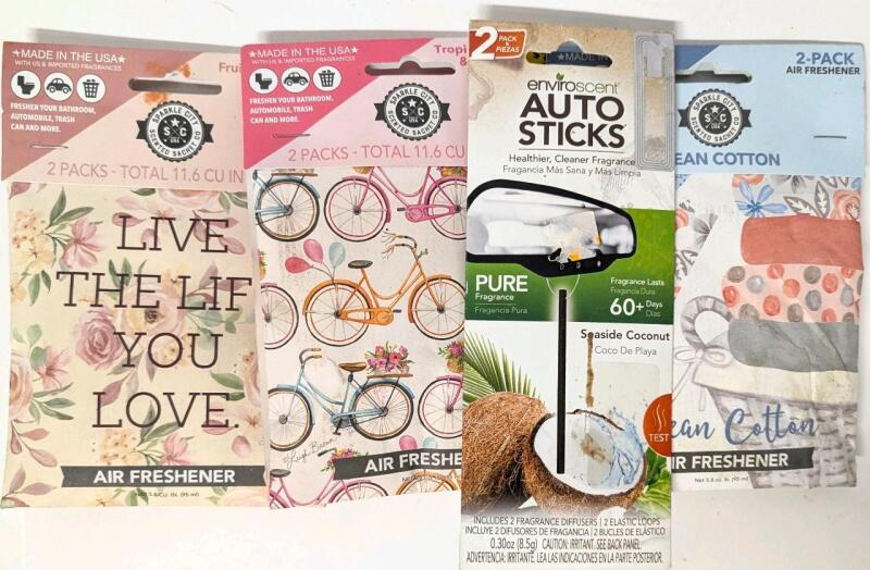 New 2-Pack Auto Sticks Air Fresheners (Seaside Coconut) & 3&times; 2-Packs Scented Air Freshener Sachets (Fruity. Tropical Flowet Coconut, Clean Cotton - 95ml Ea)