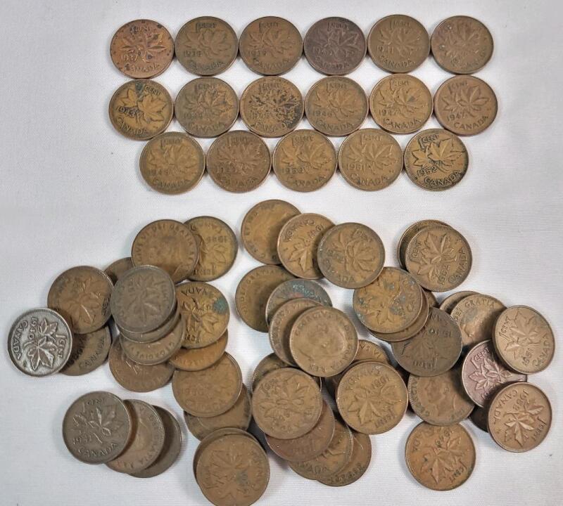 1937 - 1952 Canadian King George VI One Cent Pennies - Consecutive Years w/1947* & Fifty (50) Extra 1937-52 Pennies