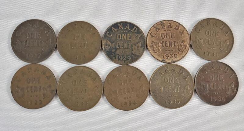 1927 - 1936 Canadian King George V Small Cent Pennies , Consecutive Run . 10 Coins