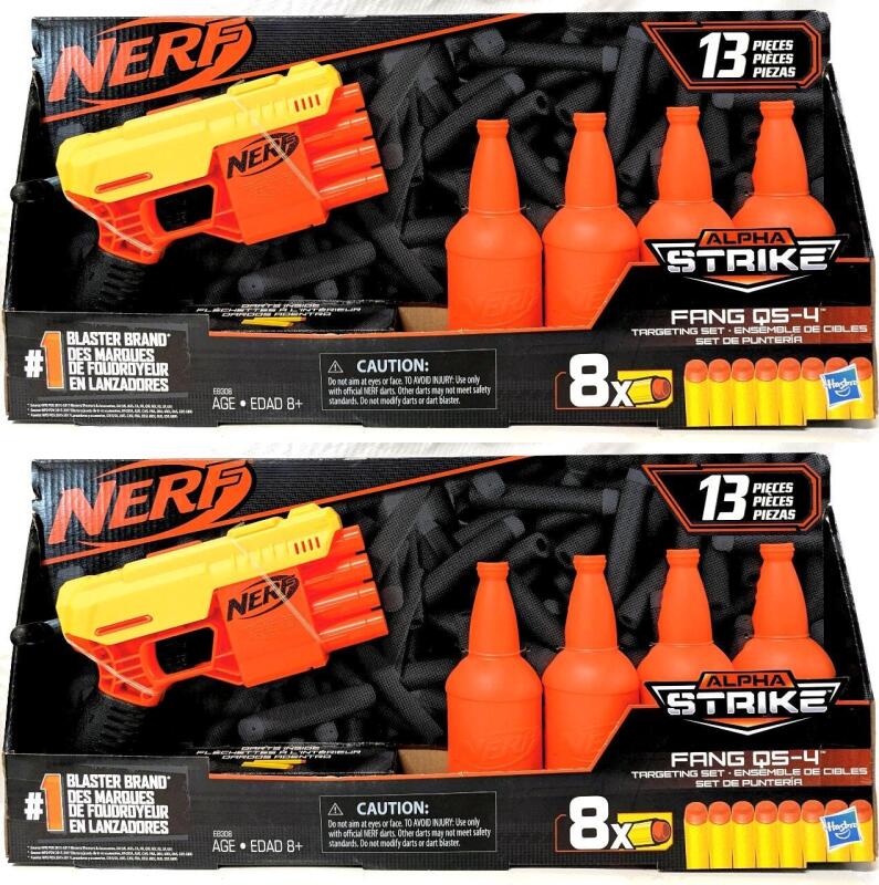 2 New NERF ALPHA STRIKE Fang QS-4 Targeting Set : Quad Shot Nerf Blaster + 8&times; Foam Nerf Darts + 4&times; Bottle Target Halves (Couples' Dart Duel for Valentine's Day?)