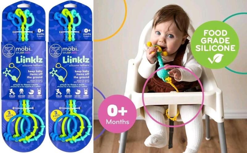 2 New 3-Pack M&Ouml;BI Liinklz Silicone Tethers for Car Seat & High Chair, Flexible, Soft Toy Straps for Baby, Easy Clean Toy Holder, Secure Stroller Straps for Infants 0+ Months, Cool Colors, 10" Long Each
