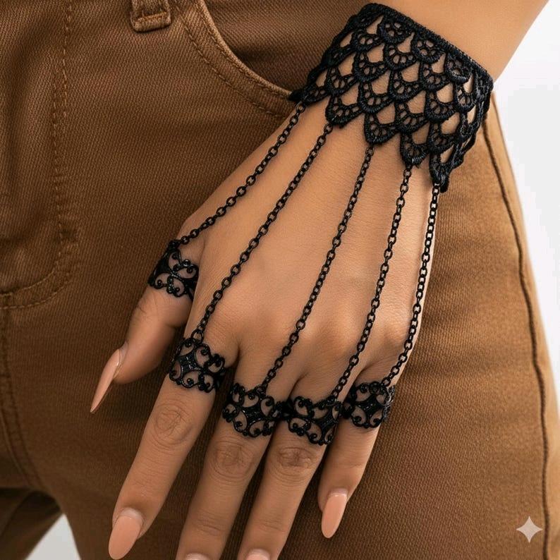 New Black Lace Hand Chain Bracelet, Gothic Finger Ring Hand Harness