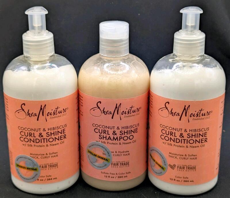 New Shea Moisture COCONUT & HIBISCUS Curl & Shine Shampoo + 2&times; Conditioners for Bouncy Curls, With Silk Protein & Neem Oil | 384ml Each, Sulfate-Free & Color Safe