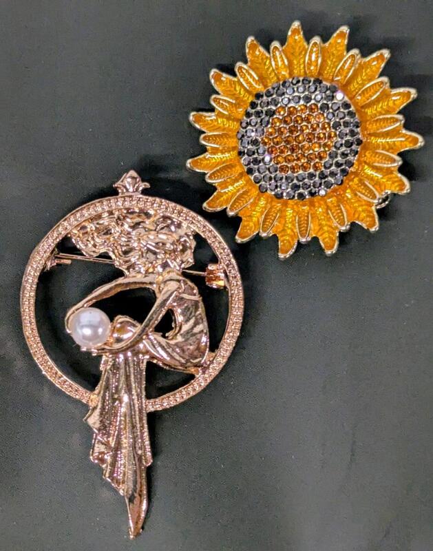 Art Deco Circular Brooch With Woman Holding Faux Pearl & Neat Detailed Rhinestone+ Enamel Sunflower Brooch, Up To 2" Long