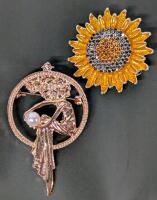 Art Deco Circular Brooch With Woman Holding Faux Pearl & Neat Detailed Rhinestone+ Enamel Sunflower Brooch, Up To 2" Long
