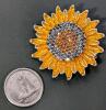 Art Deco Circular Brooch With Woman Holding Faux Pearl & Neat Detailed Rhinestone+ Enamel Sunflower Brooch, Up To 2" Long - 3