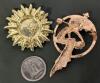 Art Deco Circular Brooch With Woman Holding Faux Pearl & Neat Detailed Rhinestone+ Enamel Sunflower Brooch, Up To 2" Long - 4