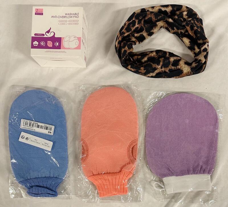 5 Home Essentials, Includes Washable Anti-Overflow Pad for Breast Pumps, Animal Print Headband, and 3 Exfoliating Mitts
