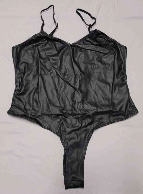 New Women's Sz. 1XL Black Faux Leather Spaghetti Strap Body Suit