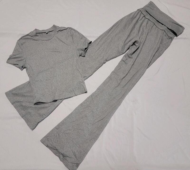 New Women's Sz. XS (2) Grey High Waist Wide Bottom Workout Pants & T-Shirt .