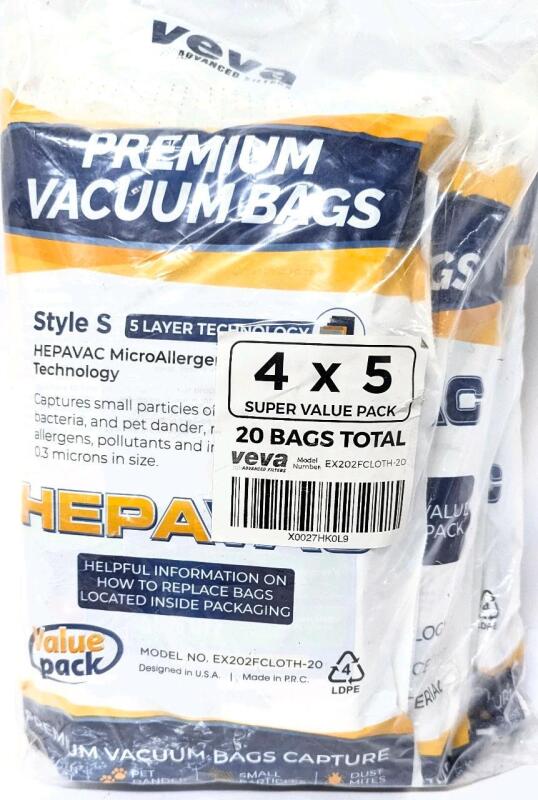 20 New VEVA HepaVac Premium Vacuum Bags For S-Style Vacuums, EX202FCLOTH-20, 4 Packs of 5 Bags Each
