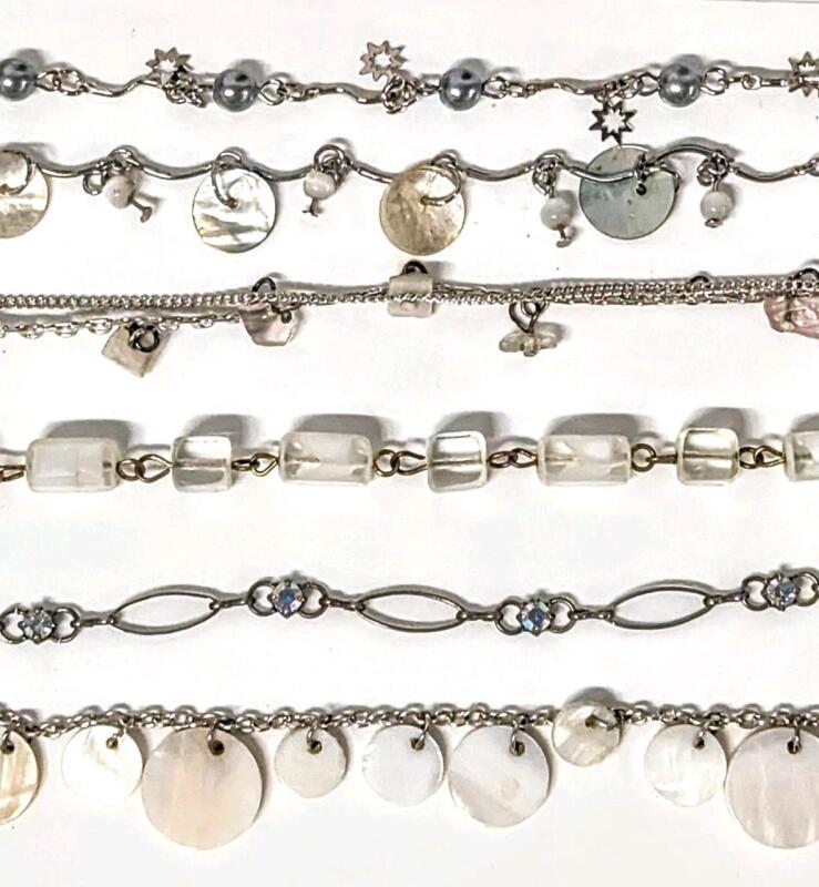 6 Vintage to Modern Dainty Chain Bracelets Incl Shell, Presumed Quartz, Rhinestones+ 7" - 10" Long