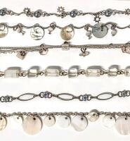 6 Vintage to Modern Dainty Chain Bracelets Incl Shell, Presumed Quartz, Rhinestones+ 7" - 10" Long
