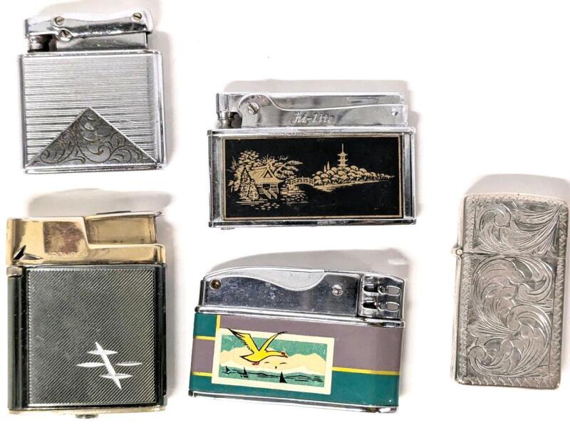 4 Vintage Lighters: Ronson Varaflame MK II, W. Germany Colibri, Hi-Light Automatic Super Lighter & Etched Slim Lighter Case, Up To 2.25" Long