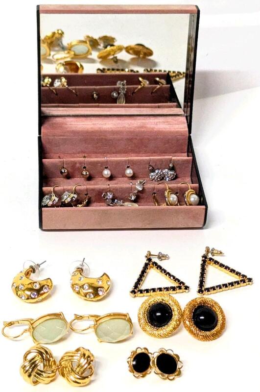 12 Pairs Vintage To Modern Pierced Earrings With Mirrored Mini Jewelry Case