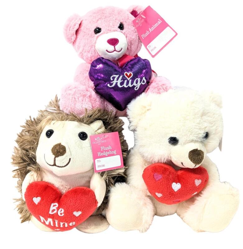 3 New 6" - 8" Valentine's Plush Toys : Hedgehog & 2 Teddy Bears