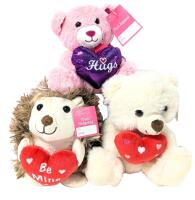3 New 6" - 8" Valentine's Plush Toys : Hedgehog & 2 Teddy Bears