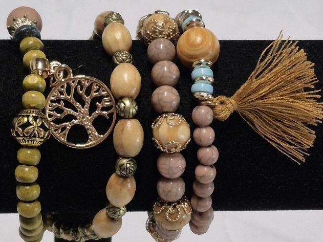 4 New Wooden Bead Bracelets - Stretch Bracelets Tree of Life