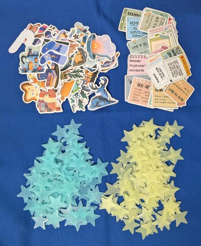 200 New Glow In The Dark Plastic Glitter Stars 1.25" Long With Adhesive Dots & 100 New Stickers : Winter Holiday & Positive Affirmation Reminder Notes