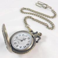 Antique Finish Quartz Pocket Watch w/Chain . Chain measures 14" long . Untested , Requires GL68 Watch Battery