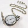 Antique Finish Quartz Pocket Watch w/Chain . Chain measures 14" long . Untested , Requires GL68 Watch Battery