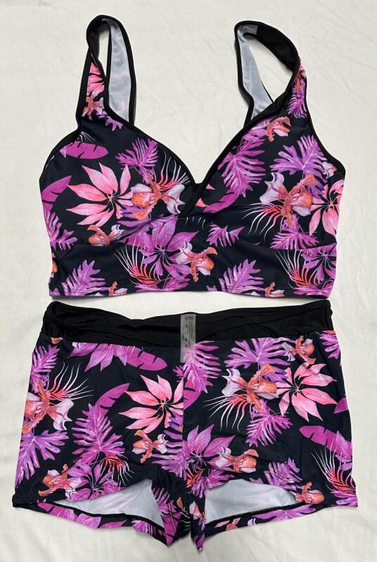 New Women&rsquo;s Large Two-Piece Floral Swim Set &ndash; Longline Top & Boyshort Bottoms