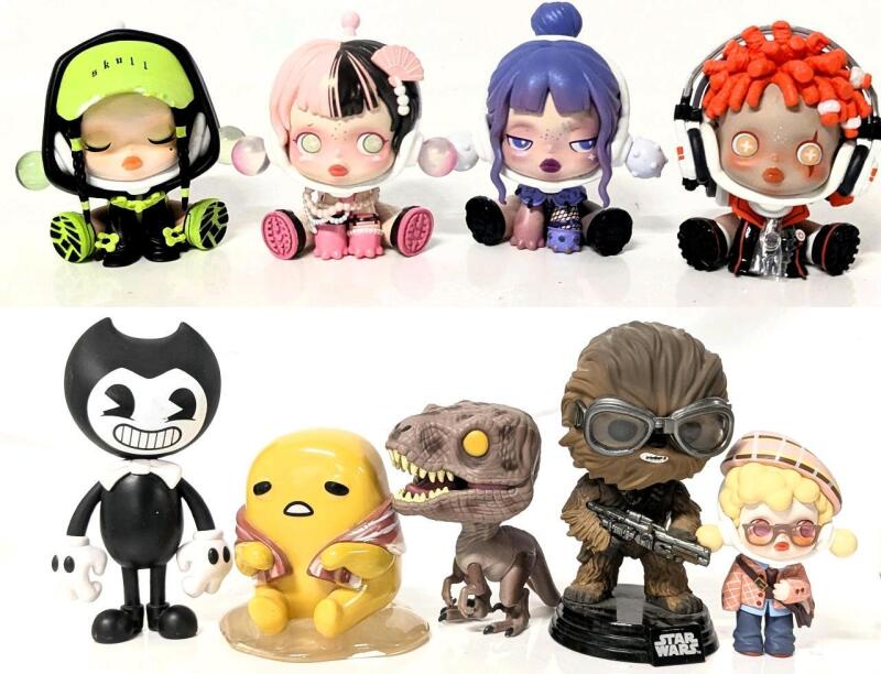 Assorted Vinyl Figures: 5&times; Pop Mart SKULLPANDA Kids, Bendy, Funko Chewbacca Bobblehead, JP Velociraptor, Gudetama (Separated Egg White), Up To 5"