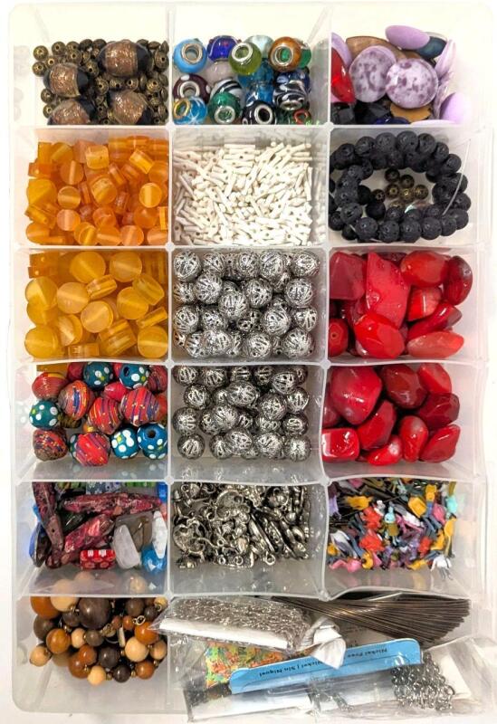 Assorted Beads, Charms, Tiny Little Miniature People, Findings, Cabochons, Chains + More in Organizer 10.6" &times; 7.25" &times; 2"