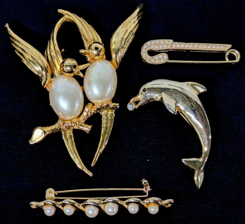 4 Vintage to Modern Brooches incl Pair of Faux Pearl Jelly Belly Birds, Leaping Dolphin With Rhinestone, Faux Pearl Safety Pin & Classic Faux Pearl Pin, Up To 3" Long