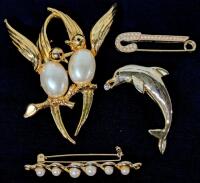 4 Vintage to Modern Brooches incl Pair of Faux Pearl Jelly Belly Birds, Leaping Dolphin With Rhinestone, Faux Pearl Safety Pin & Classic Faux Pearl Pin, Up To 3" Long