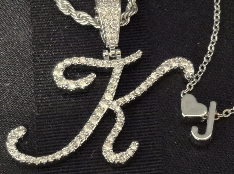 2 New Bling Initials "K" & "J" Pendant Necklaces 18" Long
