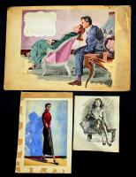 3 Vintage Original Unsigned Art Pieces Acrylic, Watercolor, Pencil : 21.75" &times; 15" Couple on Cold-Pressed Art Board, 9.25" &times; 13.5" Fashionable Woman & 7.75" &times; 9.25" Sitting Model (Previously Torn & Repaired)