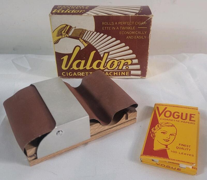 Vintage Valdor Cigarette Rolling Machine w/Original Box & Vogue Cigarette Papers .