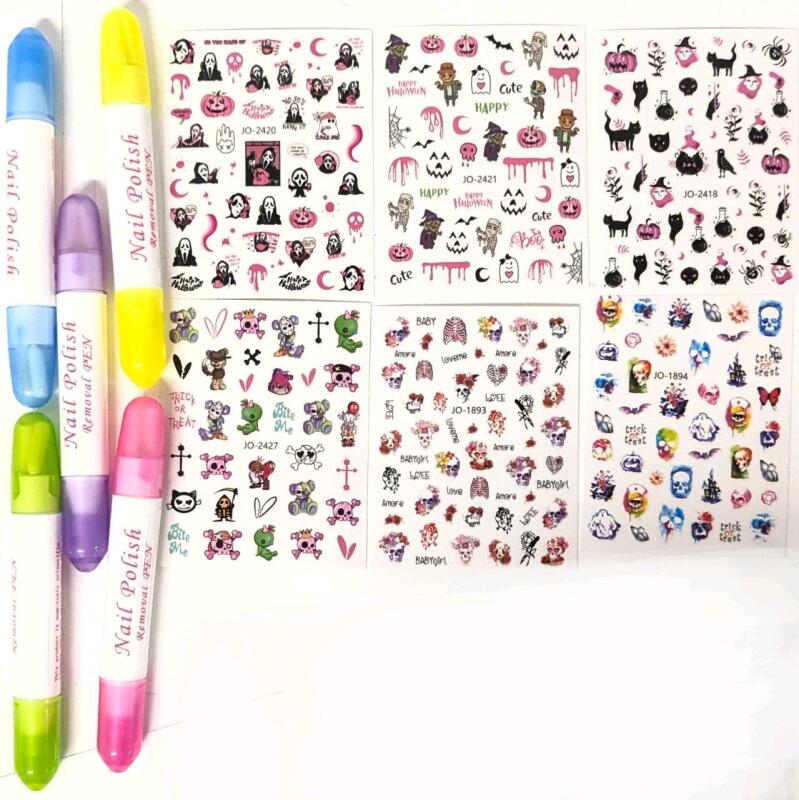 6 New Sheets Cute Spooky Goth Nail Stickers & 5&times; Nail Polish Remover Pens