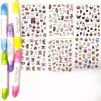 6 New Sheets Cute Spooky Goth Nail Stickers & 5&times; Nail Polish Remover Pens