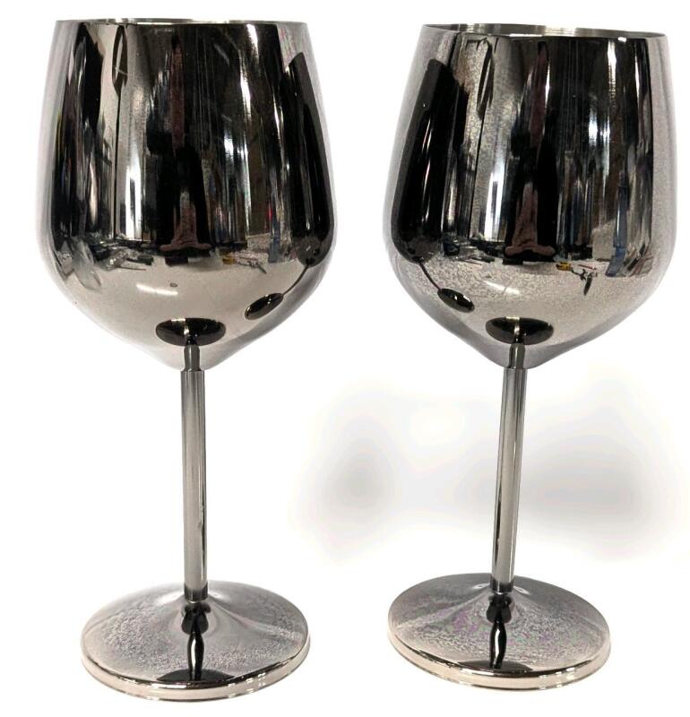 Pair of New Unbreakable Stainless Steel Dark Wash Wine Glasses, 8.25" Tall Each