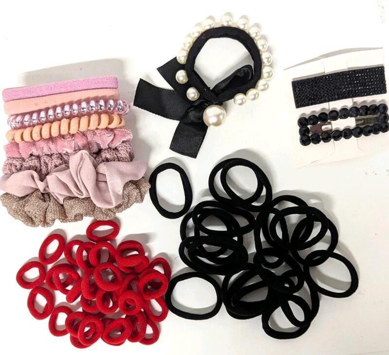 New Hair Ties : Suncdelv 22 Momme Pure Silk Hair Scrunchie, 50 Hair Elastics, 7 Pink Scrunchies, 2 Rhinestone Barrettes 2.5" Across, Faux Pearl Bow Elastic