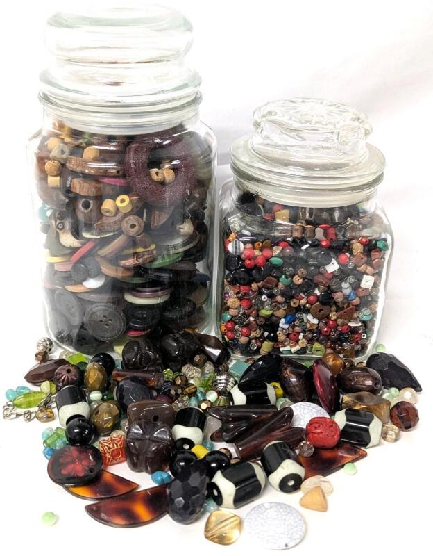 Assorted Vintage to Modern Beads in Glass Jars, Assorted Materials, Jars Up To 7.25" Tall