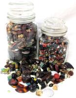 Assorted Vintage to Modern Beads in Glass Jars, Assorted Materials, Jars Up To 7.25" Tall