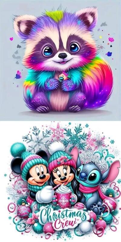 2 New Diamond Painting Kits : Adorable Colorful Raccoon & Christmas Mickey Mouse, Minnie Mouse & Stitch Winter Holiday : 20cm &times; 20cm & 30cm &times; 30cm