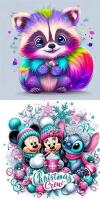2 New Diamond Painting Kits : Adorable Colorful Raccoon & Christmas Mickey Mouse, Minnie Mouse & Stitch Winter Holiday : 20cm &times; 20cm & 30cm &times; 30cm